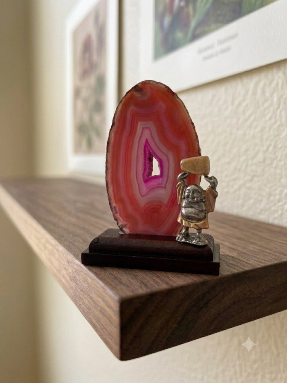 Pink & Red Agate Slice Display with Lucky Buddha Accent